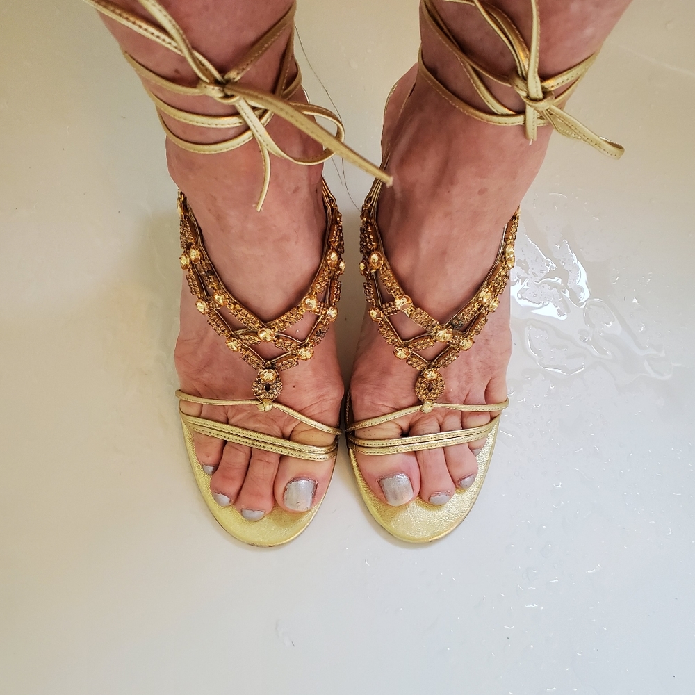 Gold Leather & Rhinestone lace up heel sandles - Picture 16 of 16